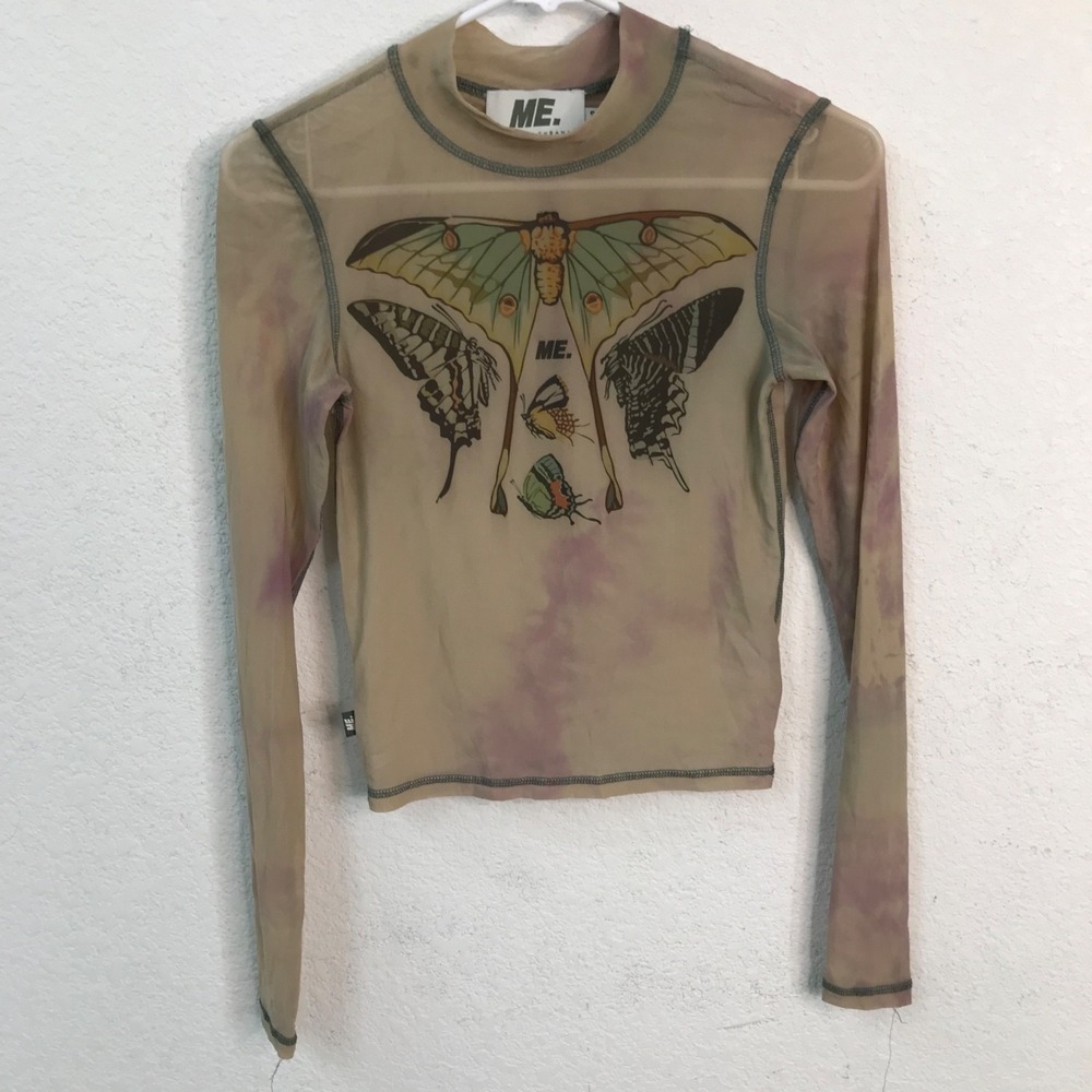 Melody Ehsani Womens Mesh Butterfly Top Size Small Beige Tie Dye Long Sleeve